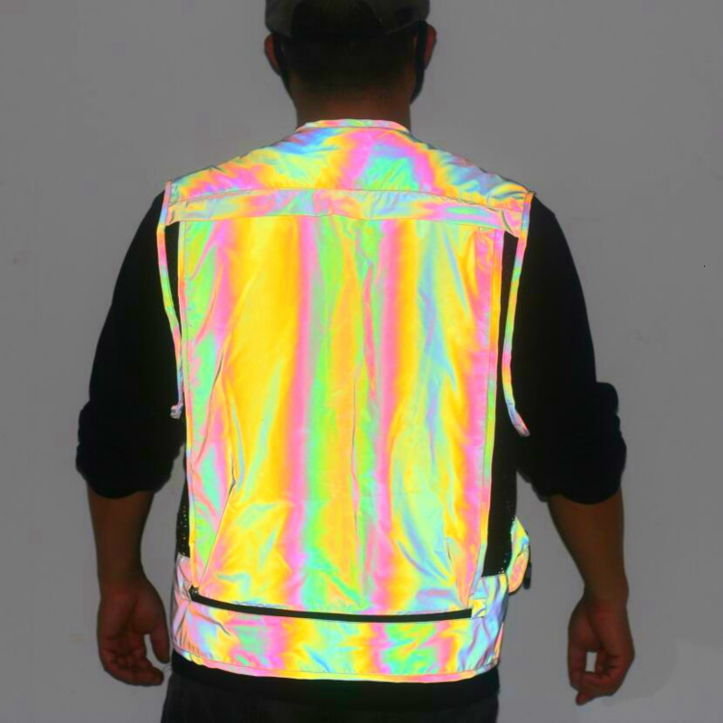 Men's Vests men mesh sleeveless jacket multipocket casual vest colorful reflective fishing rainbow Cargo 230223