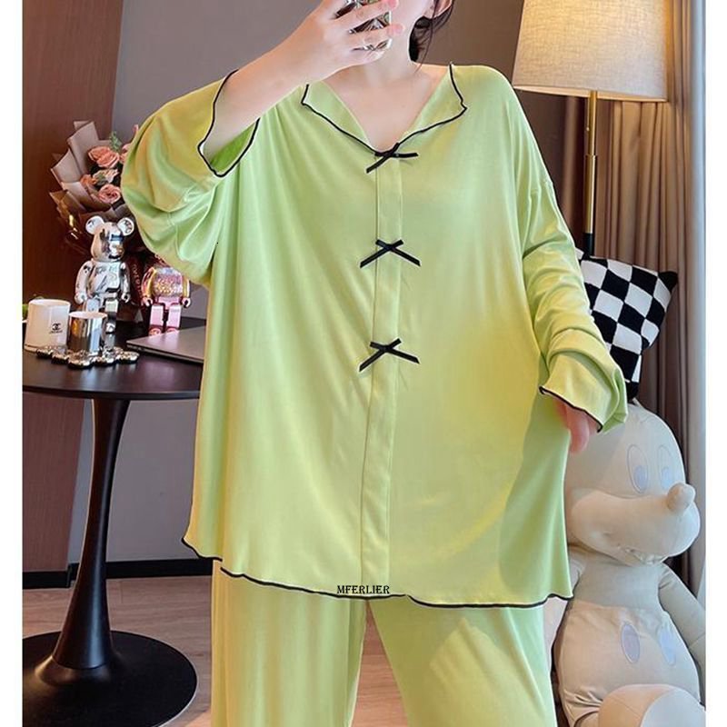 Women's Sleepwear Large Size 6XL 150KG Autumn Women 2pcs Pajama Sets Pyjama Sleepwear Long Sleeve Large Size Full Sleepwear Clothess Sleep Tops 2