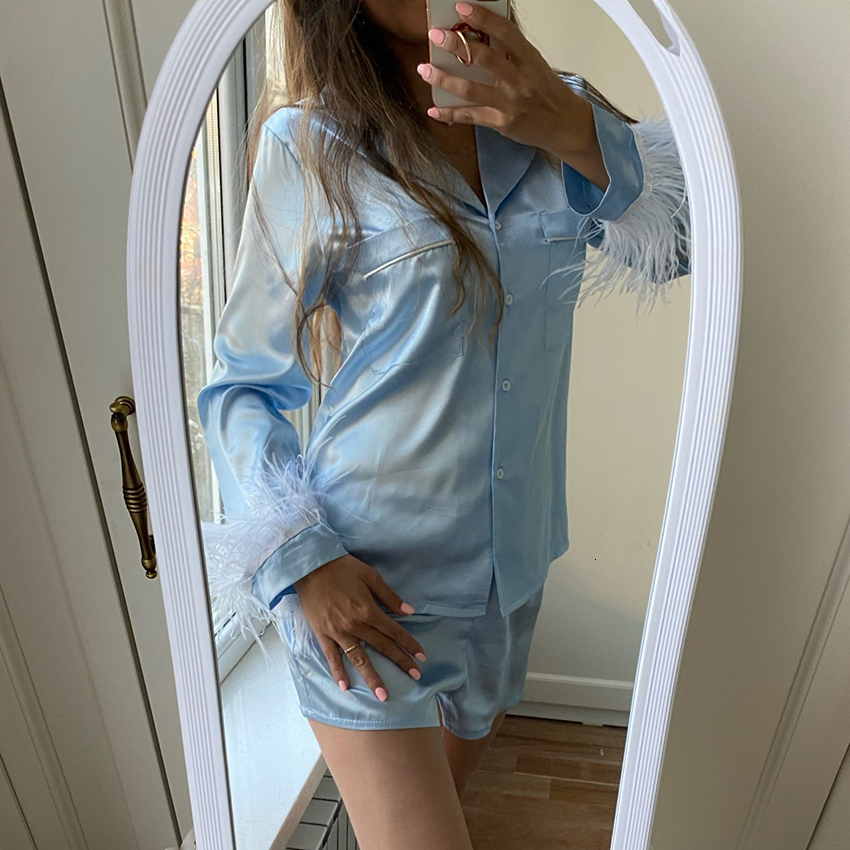 Women's Sleepwear Restve Feathers Pajamas Women 2 Piece Set Long Sleeve Turn Down Collar Tops Pockets Casual Night Suits With Shorts Autumn 23022