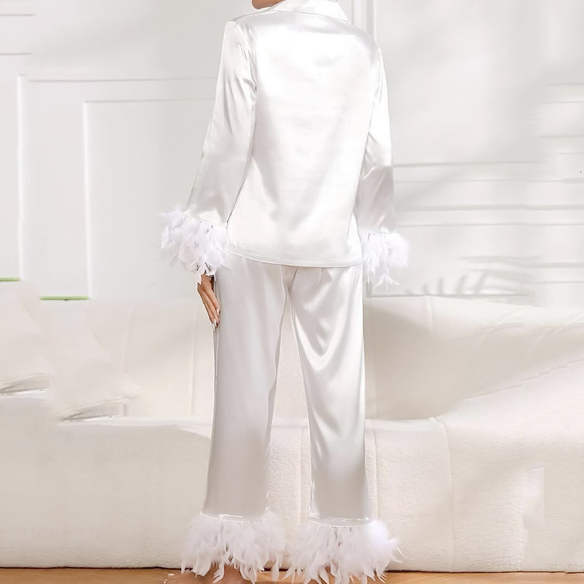 Women's Sleepwear NHKDSASA Feathers Sleepwear Female 2 Piece Set Long Sleeve Turn Down Collar Tops Satin Casual Women Sets With Pants Summer 2302
