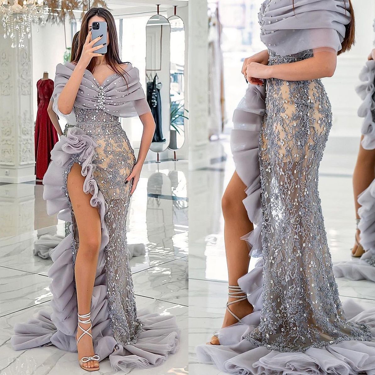 Luxury Beading V Neck Mermaid Evening Dresses Elegant Off The Shoulder Prom Dress Ruched High Side Split Formal Party Gowns