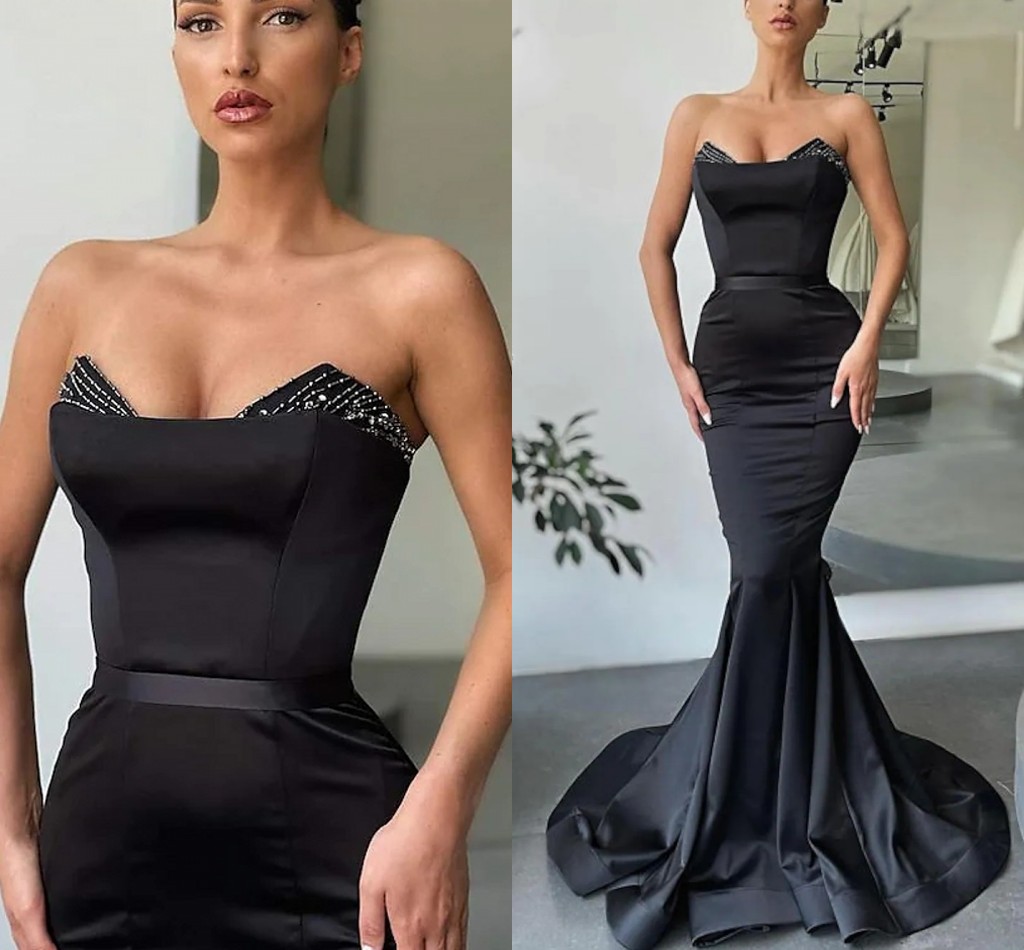 2023 Mermaid Black Evening Prom Dress Sleeveless Strapless Satin Backless Beading Formal Party Gowns Sexy Abendkleider Robe De Soiree