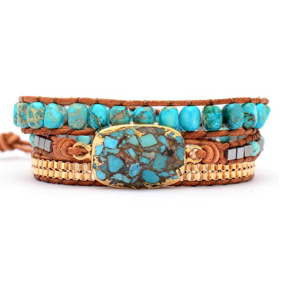 Link Chain ZG Bracelet for Women Bohemian Wind-cut Corner Turquoise Ornaments Three-layer Winding Hand-woven Leather String Female Bracelet G230222