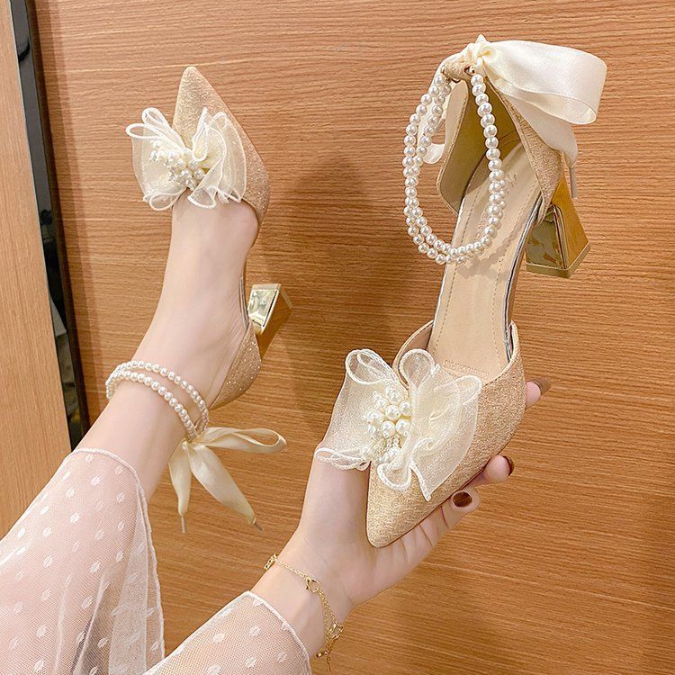 Dress White Beaded Bow for Women Sandals 5cm Summer Fairy Wind New Pointed Pink High-heeled Tie Chunky Heel Wedding Shoes