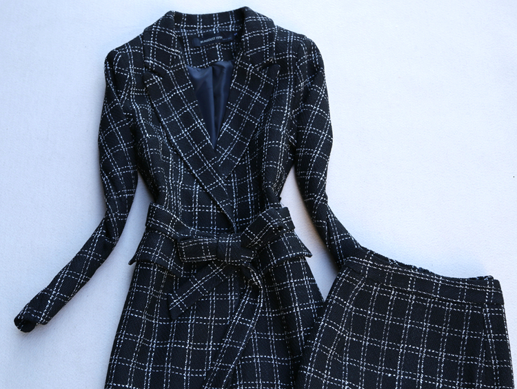 Two Piece Dress Elegant Medium Long Plaid Suit Coat and High Waist Fashion Faux Woolen Skirt Office Lady Clothing Set 230222