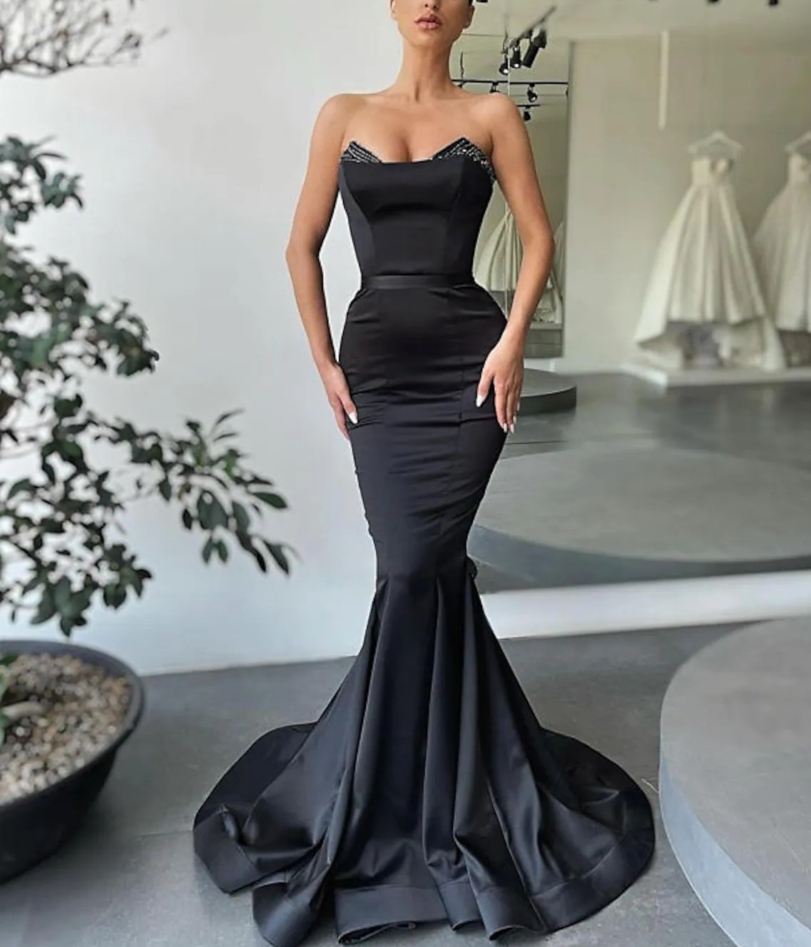 2023 Mermaid Black Evening Prom Dress Sleeveless Strapless Satin Backless Beading Formal Party Gowns Sexy Abendkleider Robe De Soiree