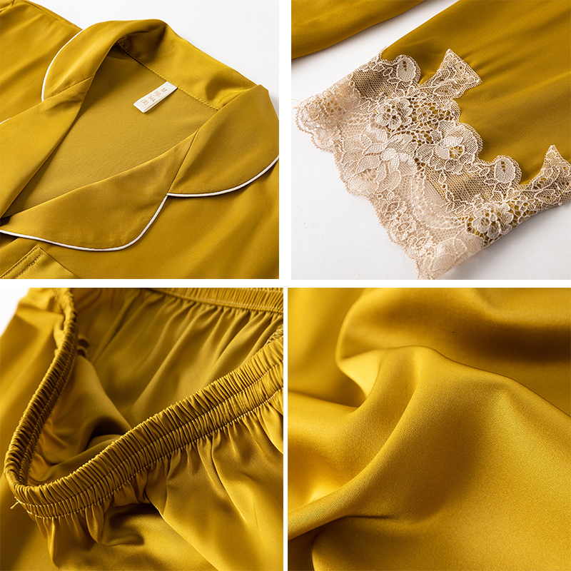 Women's Sleepwear Satin Pajamas Set Faux Silk Women Sleepwear Shirt Pants Casual Lace Pijamas Lounge Wear Spring Summer Home Clothes Nightwear 23