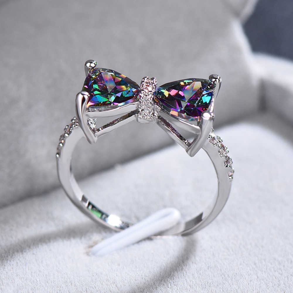 Band Rings Huitan Personality Multi-colored CZ Bow Rings for Women Fancy Bride Wedding Ceremony Party Finger-ring Nice Gift Fashion Jewelry G230213