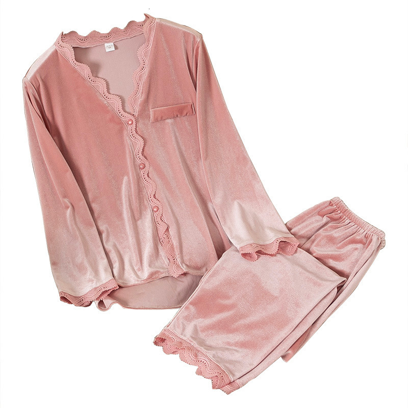 Women's Sleepwear Women Velvet Pajamas Autumn Winter Sleepwear Long Sleeve Casual Nightwear Pyjamas Suit Loose Home Clothes Lace Trim Sleep 23022
