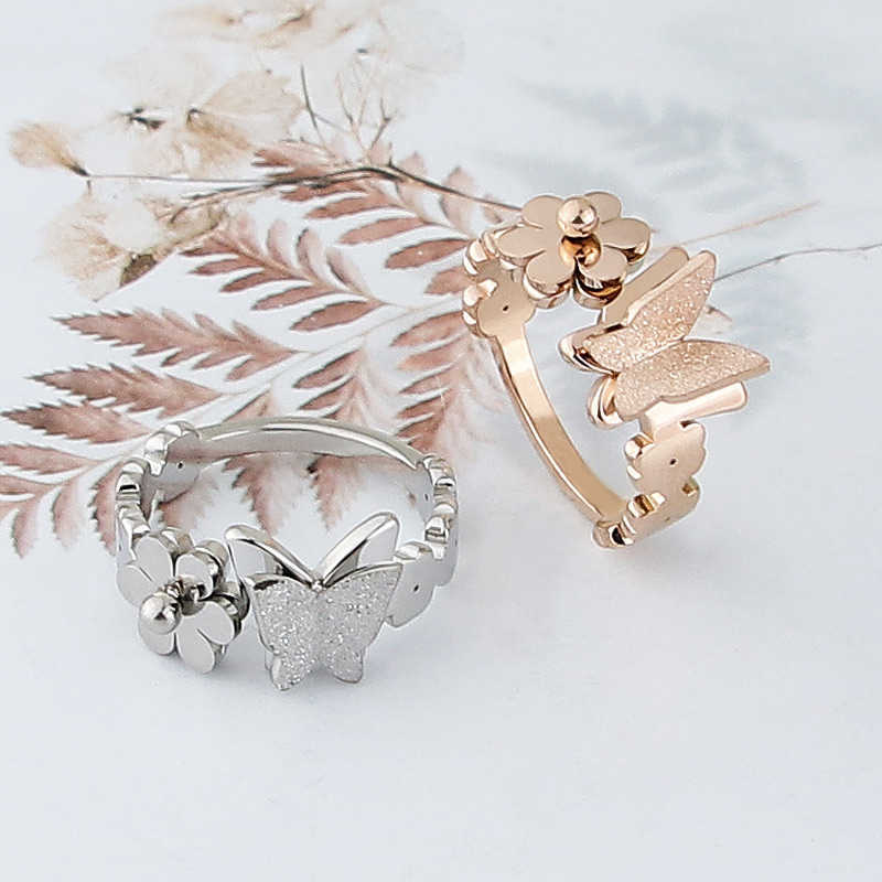Band Rings New Arrival Beautiful Flower And Frosted Butterfly Ring For Women Stainless Steel Gold Color Jewelry Gift Brand Ring Wholesale G230213
