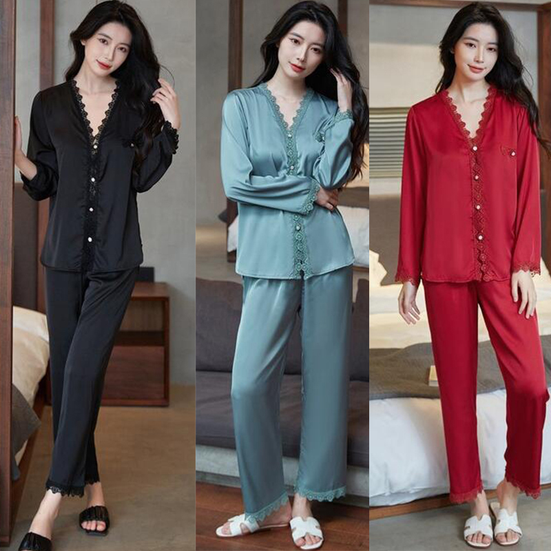 Women's Sleepwear Casual Pajamas Set Satin Sexy Women 2 Piece Sleepwear Silky Pyjamas Loungewear Solid Nightwear Spring Bathrobe Shirt Pants 2302