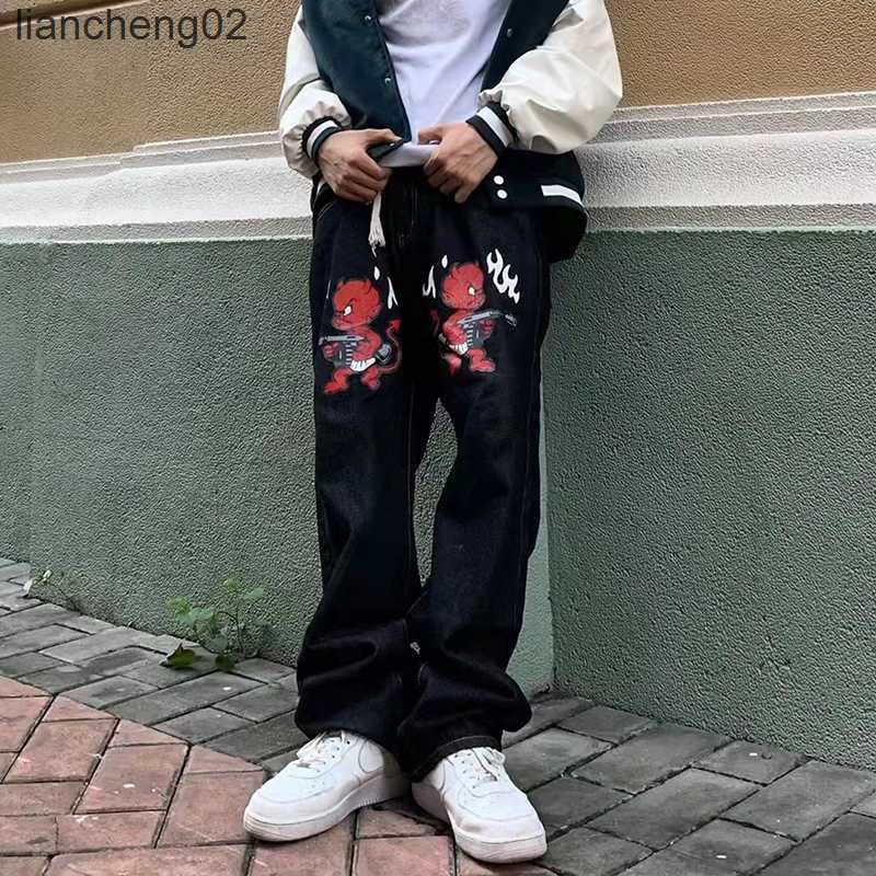 Men's Jeans Y2K Korean Men Women Black Harajuku Cartoon Straight Denim Grunge Trousers Jeans Print Baggy Jean Pants Streetwear Brand Clothes W022