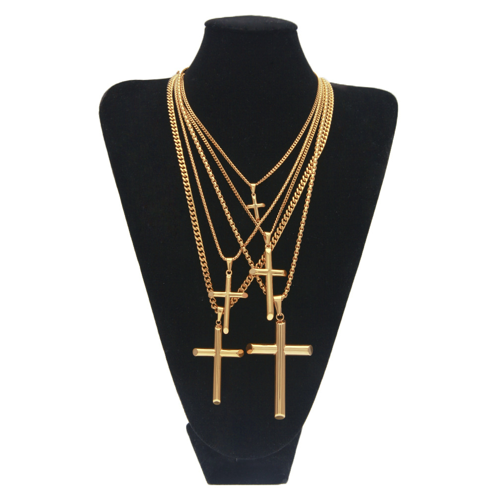 Mens Hip Hop Necklaces Fashion 316L Stainless Steel Cross Pendant Necklace Jewelry Gold Plated Sweater Chain Necklaces
