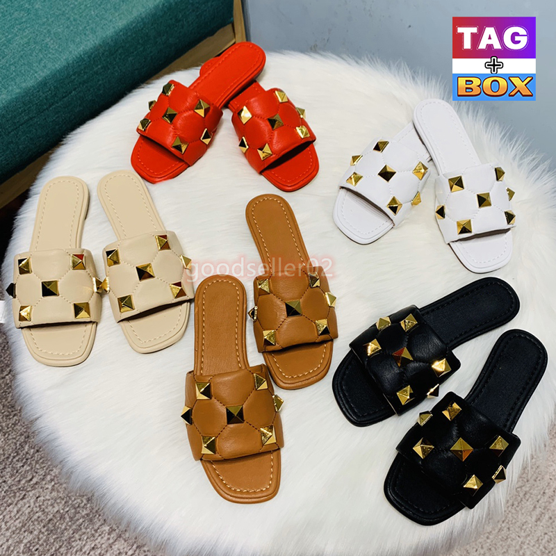 With Box Fashion Womens Sandals Quilted Nappa Roman Studs Flat Slide Sandal with Rivets Slippers Women Shoe Size 34-40, Brown
With Box Fashion Womens Sandals Quilted Nappa Roman Studs Flat Slide Sandal with Rivets Slippers Women Shoe Size 34-40, Brown