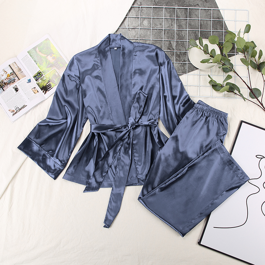 Women's Sleepwear HECHAN Solid Women Robes With Sashes 2 Piece Set Wrist Sleep Tops Satin Pants Loose Pajamas Casual Sleepwear Female Home Suits 