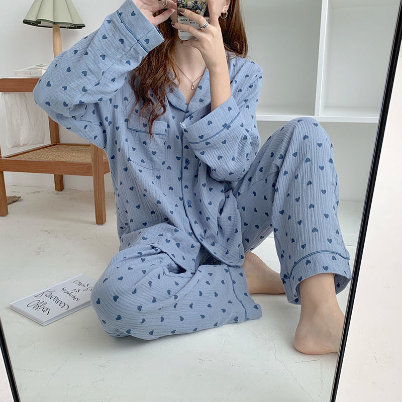 Women's Sleepwear Cotton Sleepwear Korean Pajamas Women Autumn Cute Heart Print Pyjamas Long Sleeve Pijama Female Set Negligee Cardigan Suit 2302