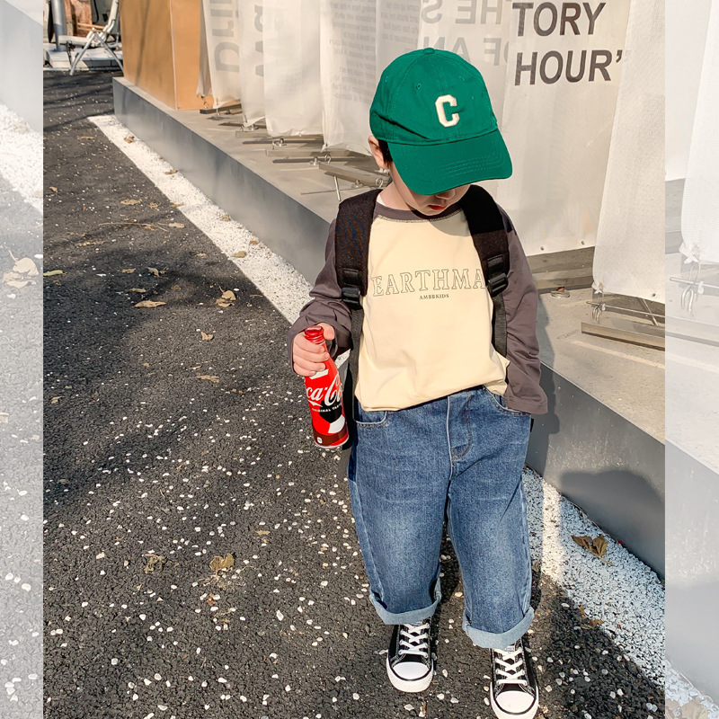 Jeans Spring Autumn Unisex Children Sand-washed jeans Boys and girls One button straight denim pants 230223