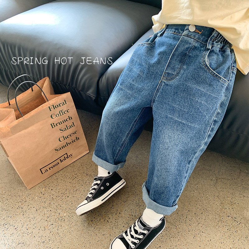 Jeans Spring Autumn Unisex Children Sand-washed jeans Boys and girls One button straight denim pants 230223