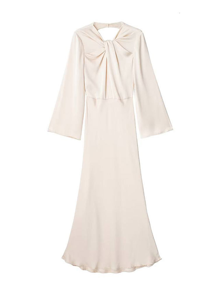 Casual Dresses Women Cut Out Backless Knot Satin Maxi Dress Female Elegant Flare Long Sleeve Autumn Long Dresses Lady Party Streetwear Dress 230223