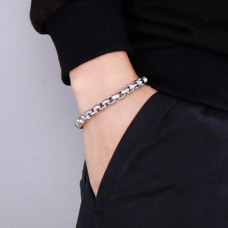 Link Chain Silver Color Stainless Steel Link Chain Bracelets for Men Polished Square Geometric Male Bangles Hip Hop Fashion Jewelry G230222