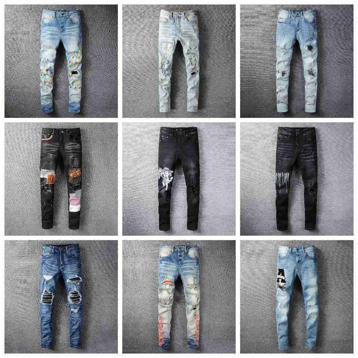 Designer Mens Jeans Hiphop Fashion Zipper Hole Wash Jeans Pants Retro Torn Fold Stitching Mens Design Motorcycle Riding Cool Slim Pant Sky Blue Jean for Women