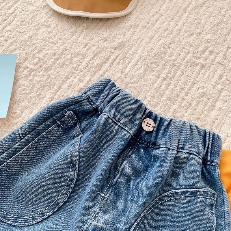Jeans Kids Boy Jeans 0-6Years Children Cargo Denim Pant Solid Color Elastic Waist Loose Trouser Bottom Korea Style Spring Clothes 230223