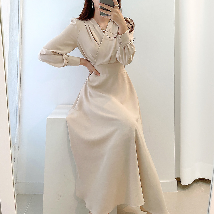 Casual Dresses Harajuku V-neck Puff Sleeve A-line Maxi Dresses for Woman Women Solid Color Midi Robe Korean Office Dresses Elegant Spring 230223