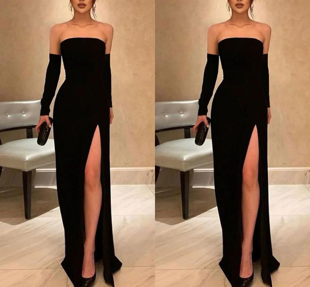 2023 A-Line Simple Evening Prom Dress Sleeveless Strapless Satin Slit Long Formal Party Gowns Black Abendkleider Robe De Soiree