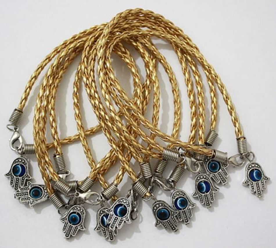 Link Chain Lot - 50Pcs HAMSA HAND "Eye Bead" Gold String Bracelets - Lucky Charm Pendant 01766 G230222
