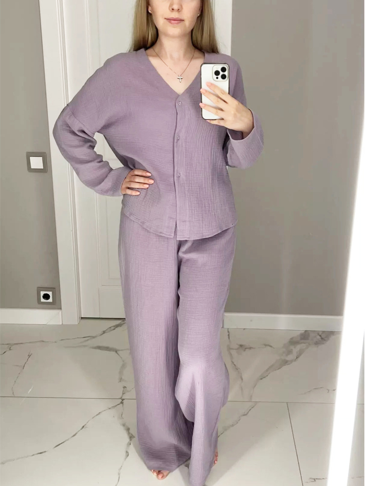 Women's Sleepwear Khaki Pure Cotton Sleepwear V Neck Single Breasted Wide Leg Pants Trouser Suits Drop Sleeves Set Woman 2 Pieces Loungewear 2302