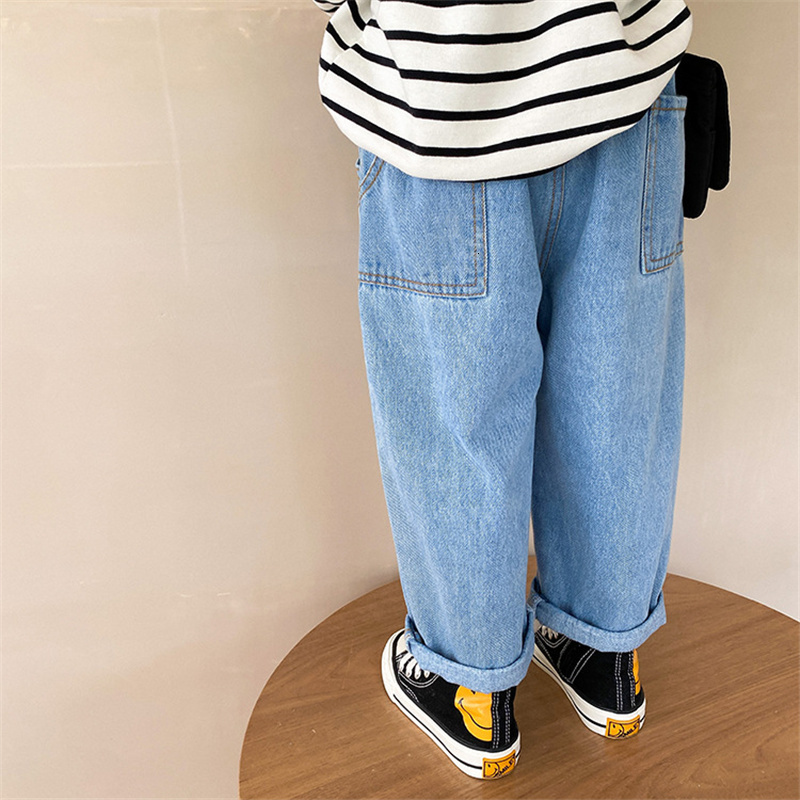 Jeans All-match Straight Denim Pants Korean Style Boys Washed Cotton Jeans 1-7T Solid Color Fashion Toddler Girl Fall Clothes Wide Leg 230223