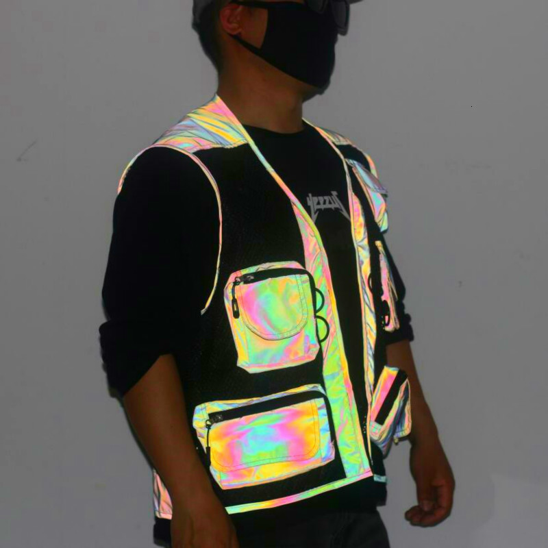 Men's Vests men mesh sleeveless jacket multipocket casual vest colorful reflective fishing rainbow Cargo 230223