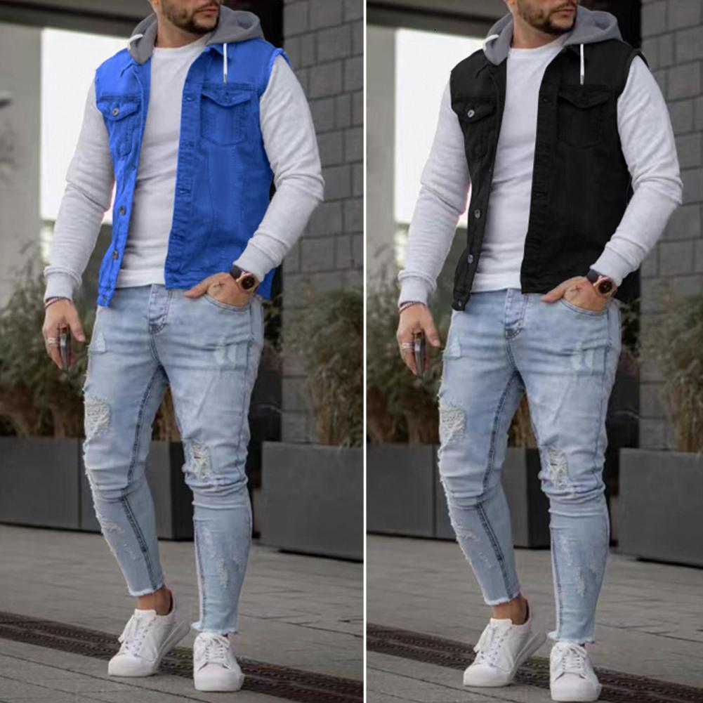 Men's Vests Cargo Autumn Winter Men Waistcoat Denim Patchwork Streetwear Relaxed Fit Splicing 230223