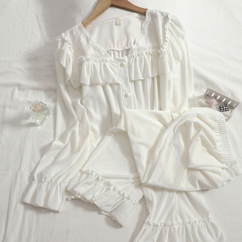 Women's Sleepwear Gaganight Women Two piece Pajamas Autumn Winter Sweet Fairy French Velvet Breasted Ruffled Loose Top Thin Harem Pants 230223