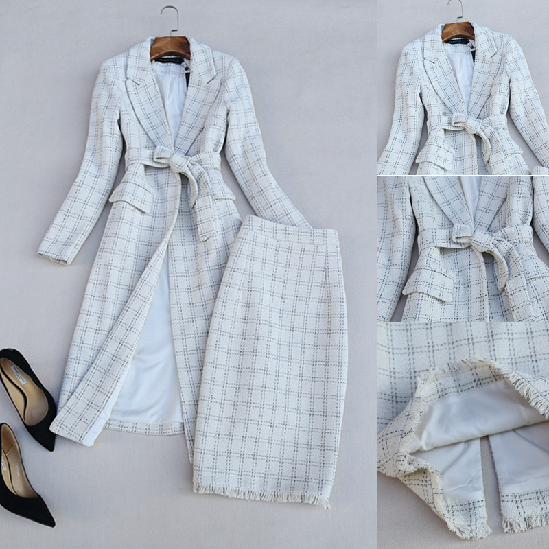 Two Piece Dress Elegant Medium Long Plaid Suit Coat and High Waist Fashion Faux Woolen Skirt Office Lady Clothing Set 230222