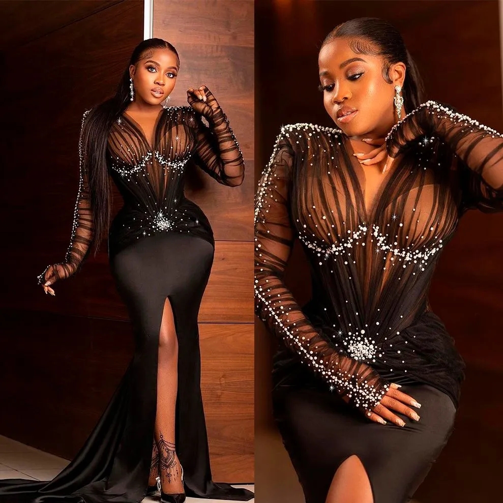 Sexy Black Mermaid Prom Dresses Long Celebrity Pearls Illusion Side Slit Robes De Soiree Formal Evening Birthday Party Gowns Lz0304