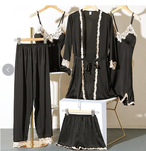 Women's Sleepwear Lace 5PCS Pajamas Set Spring Sleepwear Women Satin Lounge Wear Lingerie Home Clothes Sexy Kimono Bathrobe Gown With Breast Pads