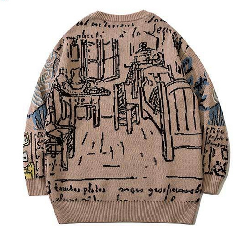 Men's Sweaters High Street Knitted Sweater Men Van Gogh Graffiti Print Cotton Harajuku Loose Padded Pullover Women Streetwear Autumn 230222