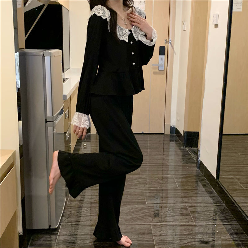 Women's Sleepwear Sexy Gentle Ins Pajama Sets Women Black Lace Patchwork Nighty Simple Soft Tender Single Breasted Retro Outdoor Nightwear 230223
