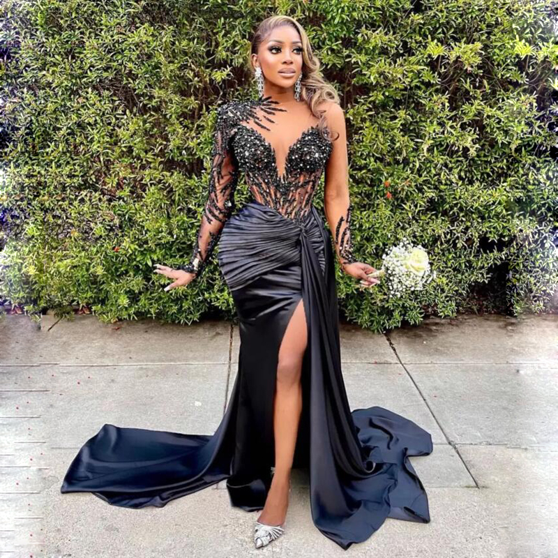 Sexy Black Girls Prom Dress 2023 With Slit Long Sleeve Gorgeous Mermaid Evening Dresses Pleat Beaded Dance Formal Party Aso Ebi African Pageant Women 