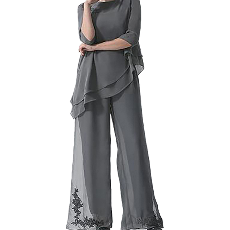 Elegant Grey Mother Of The Bride Pants Suits Chiffon Wide Trousers Half Sleeves Jewel Neck Wedding Party Gowns Stylish Groom Mom Formal Dresses Custom