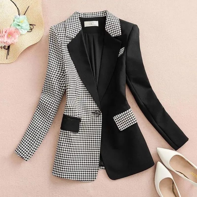 Women's Suits Blazers Skinny Patchwork Lattice Blazers Thin Pockets Classic Notched Button Women's Clothing Creative Autumn Winter Office La