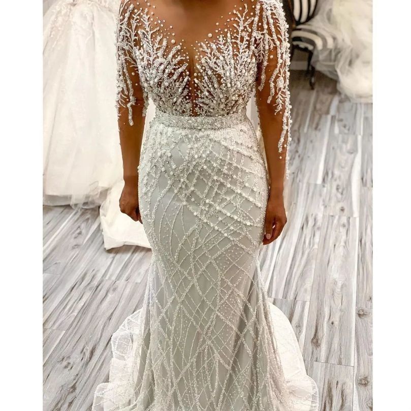 Wedding Dresses Mermaid Bridal Gown With Detachable Train Long Sleeves Beaded Lace Applique Pearls Custom Made Vestidos De Novia Plus Size 6660306
