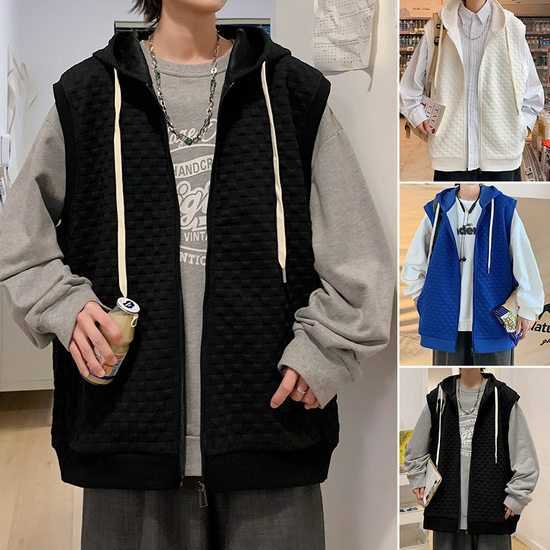 Men's Vests Fall Hooded Cardigan Hoodie Sleeveless Hong Kong Style Jacket Student Vest 230223