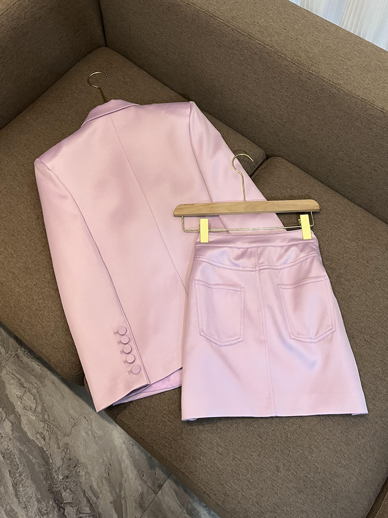 Two Piece Dress Casual Cutting Satin Fashion Office Suit Doublebreasted Blazer A Line Skirt Women Bright Color 2Pcs 230222