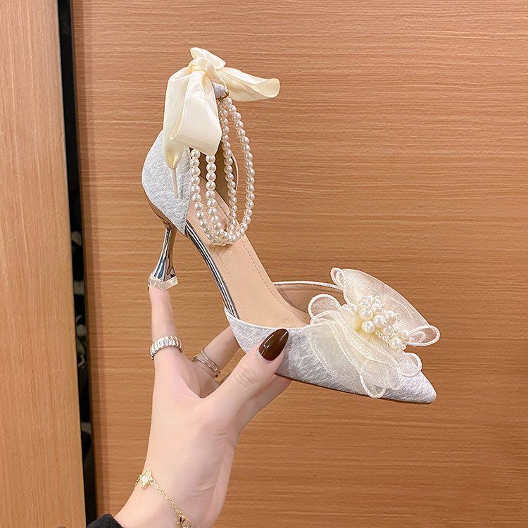 Dress White Beaded Bow for Women Sandals 5cm Summer Fairy Wind New Pointed Pink High-heeled Tie Chunky Heel Wedding Shoes