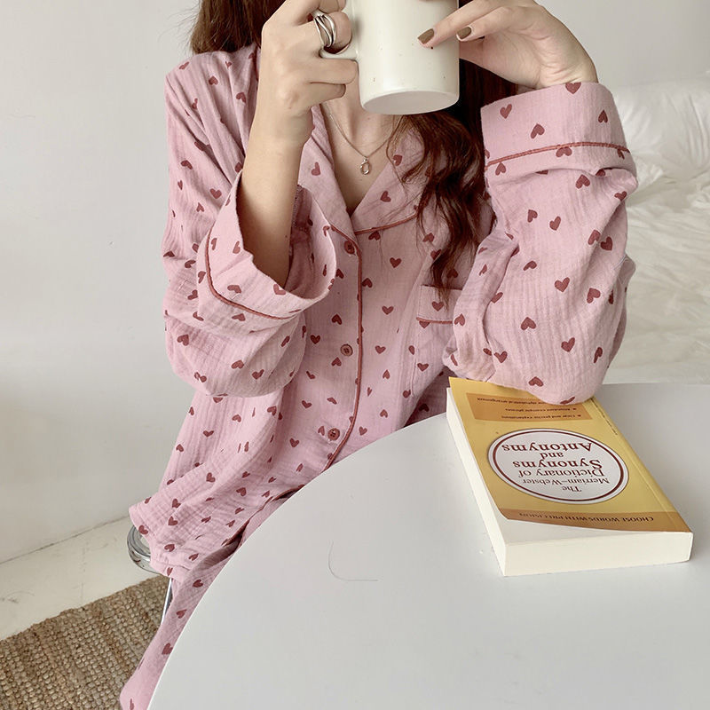 Women's Sleepwear Cotton Sleepwear Korean Pajamas Women Autumn Cute Heart Print Pyjamas Long Sleeve Pijama Female Set Negligee Cardigan Suit 2302