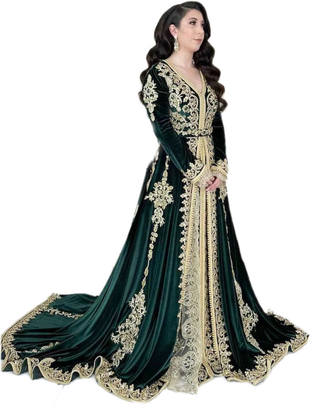 Emerald Green Moroccan Kaftan Prom Dress 2023 Tradition V Neck Velvet Evening Dresses Long Sleeve Arabic Dubai Formal Dress Chic Robes De Bal Plus Siz
