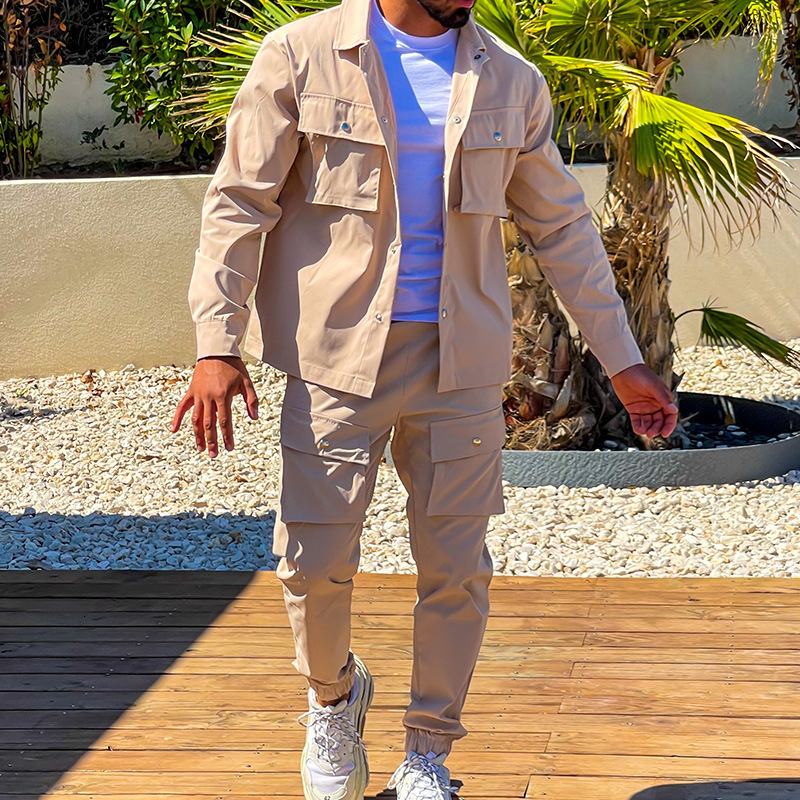Men's Tracksuits Casual Solid 2piece Set Fall Fashion Long Sleeve Lapel Single Breasted Coat And Work Pants Suit Pocket Sports 230222