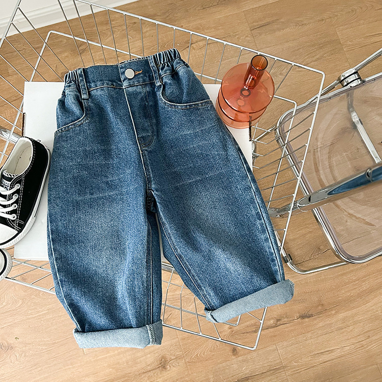 Jeans Spring Autumn Unisex Children Sand-washed jeans Boys and girls One button straight denim pants 230223